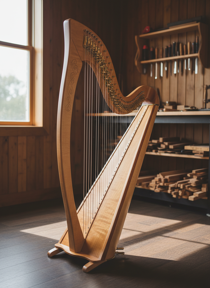 A beautifully crafted full-size Celtic-inspired lever harp standing alone in a quiet, wood-paneled studio. The harp’s flamed maple soundboard, warm honey in tone, curves gracefully upward, its column adorned with subtle Celtic knotwork carvings. Polished brass levers glint along the neck, each precisely aligned. Soft, diffused window light from the left washes over the instrument, highlighting the grain of the wood and casting gentle shadows onto the dark hardwood floor. The background is softly blurred shelving with luthier tools and wood blanks, emphasizing the harp as the central subject. Photographic realism, eye-level composition with a slight three-quarter angle, creating a sophisticated, serene atmosphere that suggests heirloom quality craftsmanship.