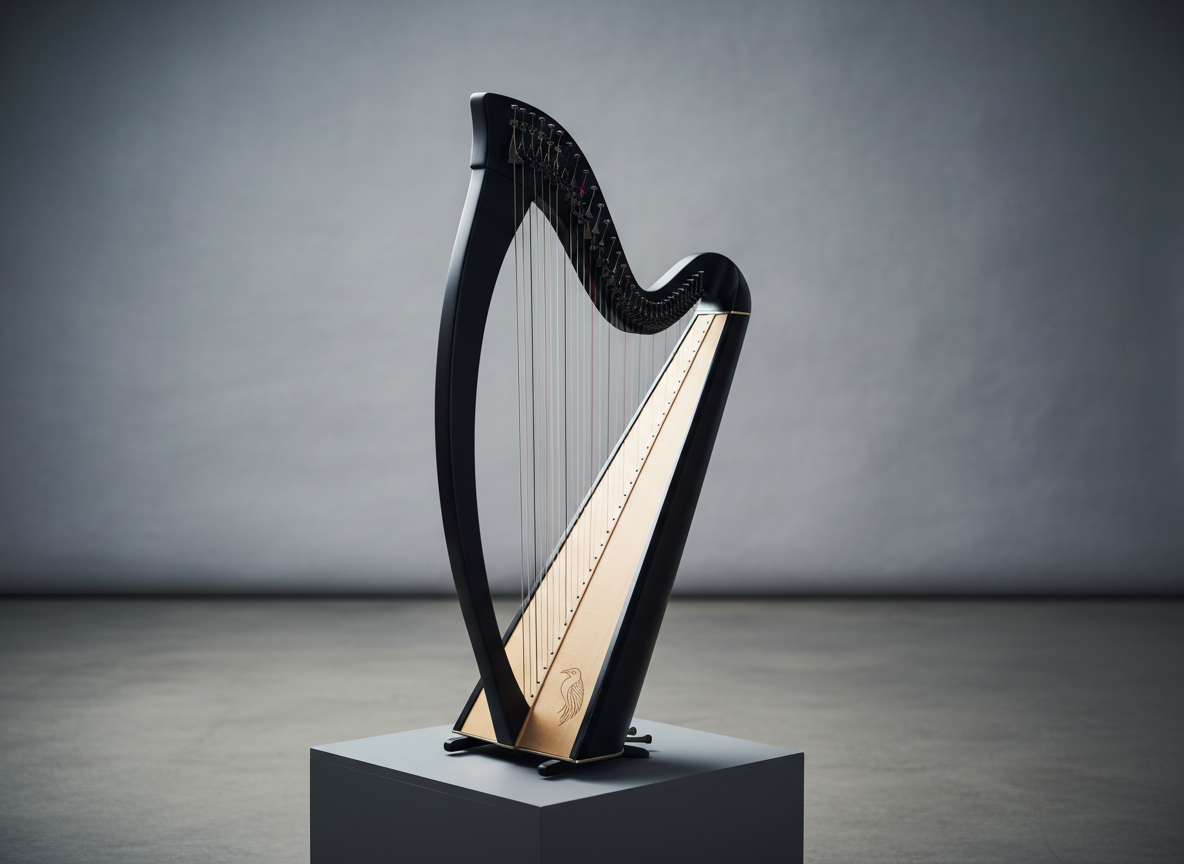 The Celtic Raven model harp positioned on a low, slate-colored plinth in a minimalist gallery-like space. Its deep ebony-stained body contrasts with a pale spruce soundboard, where a subtle raven motif is etched near the base. The harp’s curves are elegant and slightly dramatic, with dark, brushed-metal levers lining the neck. Cool, controlled studio lighting from above and behind creates a gentle rim light along the edges, while a softer front fill reveals the fine texture of the wood. The concrete floor and soft gray backdrop remain out of focus, giving the scene a calm, modern, and sophisticated aura. The composition uses the rule of thirds, photographed at a slightly elevated angle to emphasize form and silhouette.