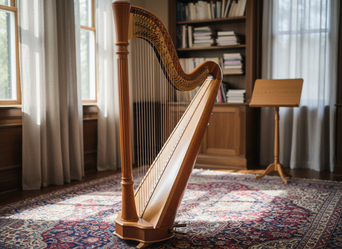 The Rioga model lever harp resting on a Persian-style rug in a refined music room, captured in photographic realism. The harp features a rich, warm cherry wood body with a glossy hand-rubbed finish, its column subtly fluted with faint Celtic interlace motifs. The soundboard glows a light amber, strings fanning upward in a delicate arc. Afternoon sunlight filters through tall windows with sheer linen curtains, casting dappled light onto the harp and surrounding rug. In the softly blurred background, a built-in bookcase filled with music scores and a simple wooden stand hint at regular use. The camera is positioned at eye level with a three-quarter view, creating a dignified, inviting mood that emphasizes the instrument’s heirloom presence.