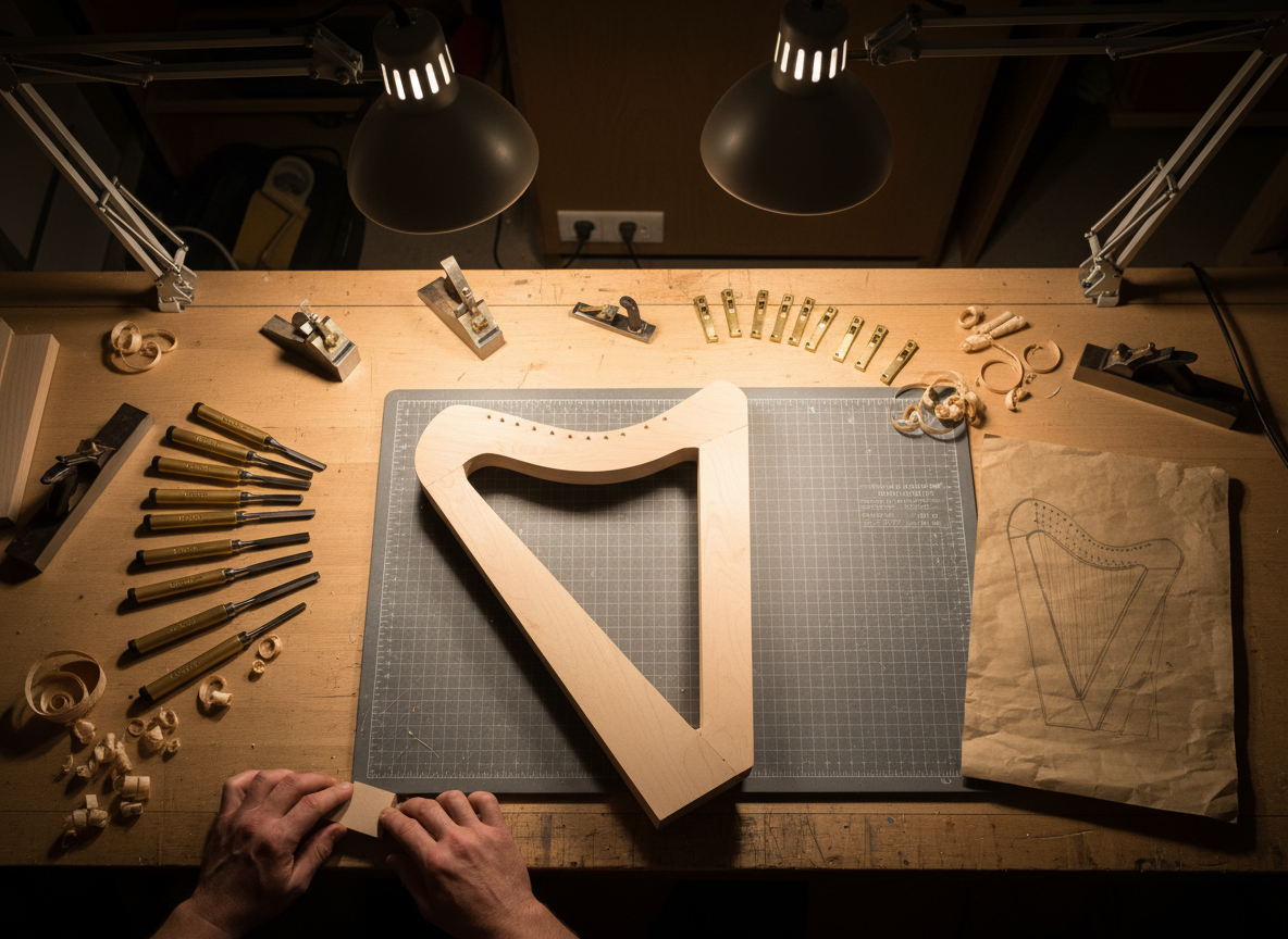An overhead, photographic-realism shot of a polished workbench in a luthier’s studio dedicated to lever harps. A partially assembled Celtic-inspired harp body lies on a padded surface, its pale unfinished maple glowing under warm task lighting. Neatly arranged around it are precision chisels, small planes, and a row of gleaming brass levers ready for installation. Wood shavings curl delicately along the bench’s edge, and a faint pencil sketch of a harp outline is visible on a sheet of kraft paper. The light creates soft, directional shadows that emphasize texture and depth. The composition is carefully balanced, with a calm, focused atmosphere that communicates meticulous craftsmanship and the beginning of a future heirloom instrument.