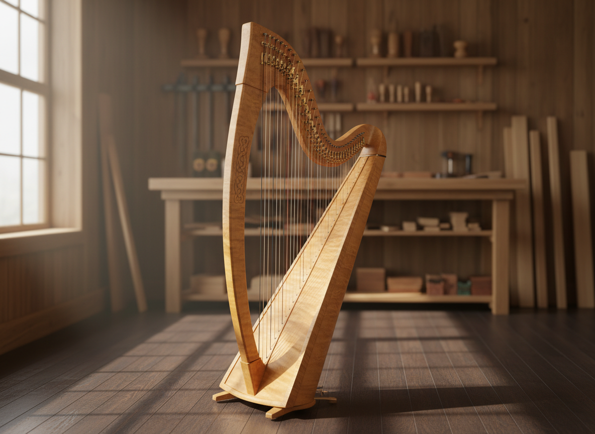 A beautifully crafted full-size Celtic-inspired lever harp standing alone in a quiet, wood-paneled studio. The harp’s flamed maple soundboard, warm honey in tone, curves gracefully upward, its column adorned with subtle Celtic knotwork carvings. Polished brass levers glint along the neck, each precisely aligned. Soft, diffused window light from the left washes over the instrument, highlighting the grain of the wood and casting gentle shadows onto the dark hardwood floor. The background is softly blurred shelving with luthier tools and wood blanks, emphasizing the harp as the central subject. Photographic realism, eye-level composition with a slight three-quarter angle, creating a sophisticated, serene atmosphere that suggests heirloom quality craftsmanship.
