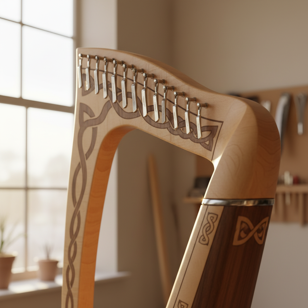 A close-up, photographic-realism study of a Tara McFall–inspired lever harp neck and pillar, showcasing intricate Celtic carvings and precise lever placement. The maple neck has a satin finish, revealing delicate figure in the wood, while dark walnut inlays trace flowing knot patterns. Each polished silver lever catches the soft golden-hour light streaming from a nearby window, creating tiny highlights along their edges. The background fades into a creamy, unobtrusive blur of the workshop interior, ensuring the viewer’s eye remains on the craftsmanship. Shot with a shallow depth of field from a low, angled perspective, the mood is refined and reverent, celebrating meticulous detail and sophisticated design.